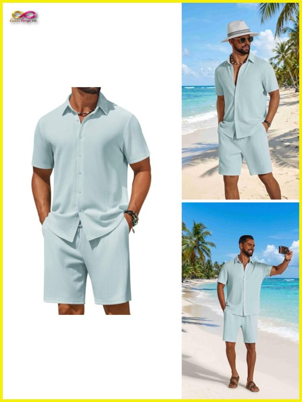 Men's 2 Piece Short Sleeve Button Down Shirt and Beach Shorts Set Summer